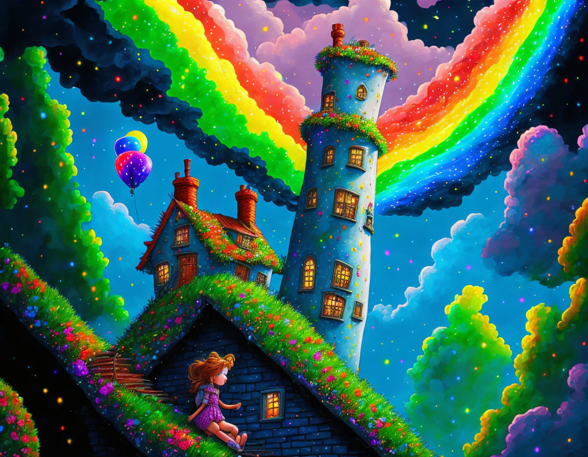 Colorful illustration of girl on hill with rainbow, houses, and balloon