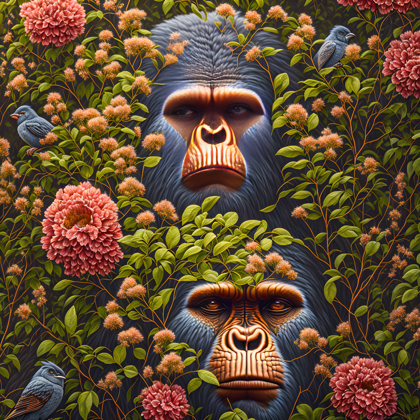 Gorilla faces in floral scene with pink flowers and grey birds