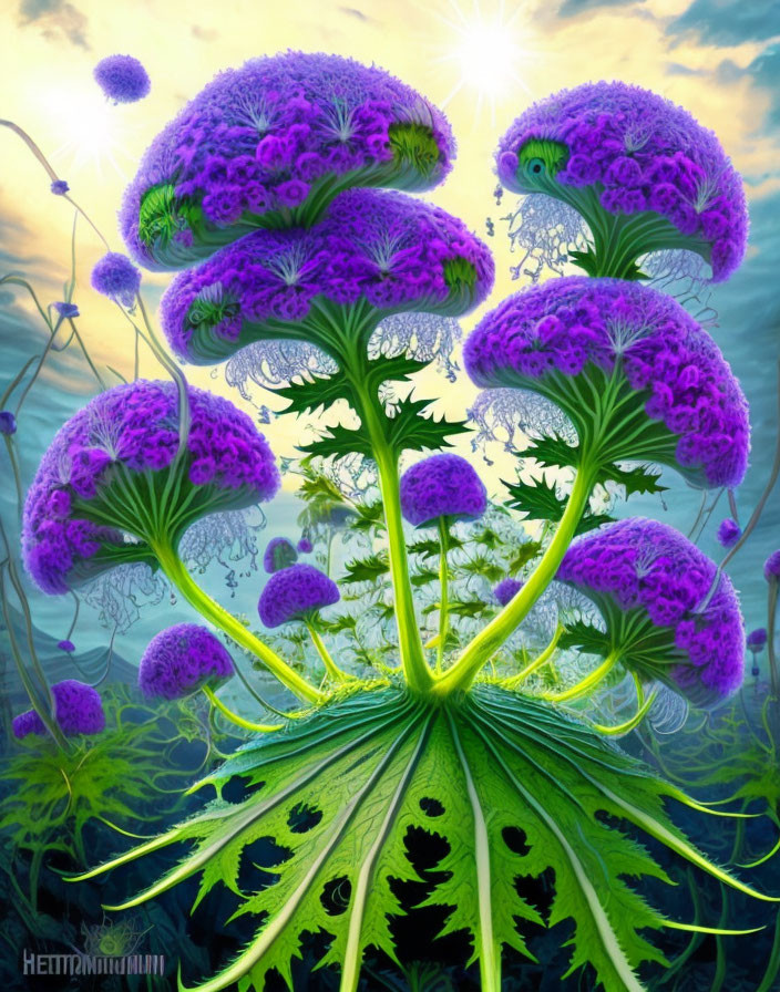 Fantastical purple and green plants in underwater setting