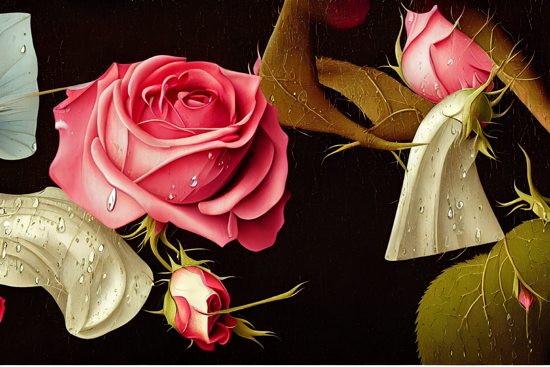 Detailed Illustration of Blooming Pink Rose with Water Droplets and Closed Rosebud on Dark Background