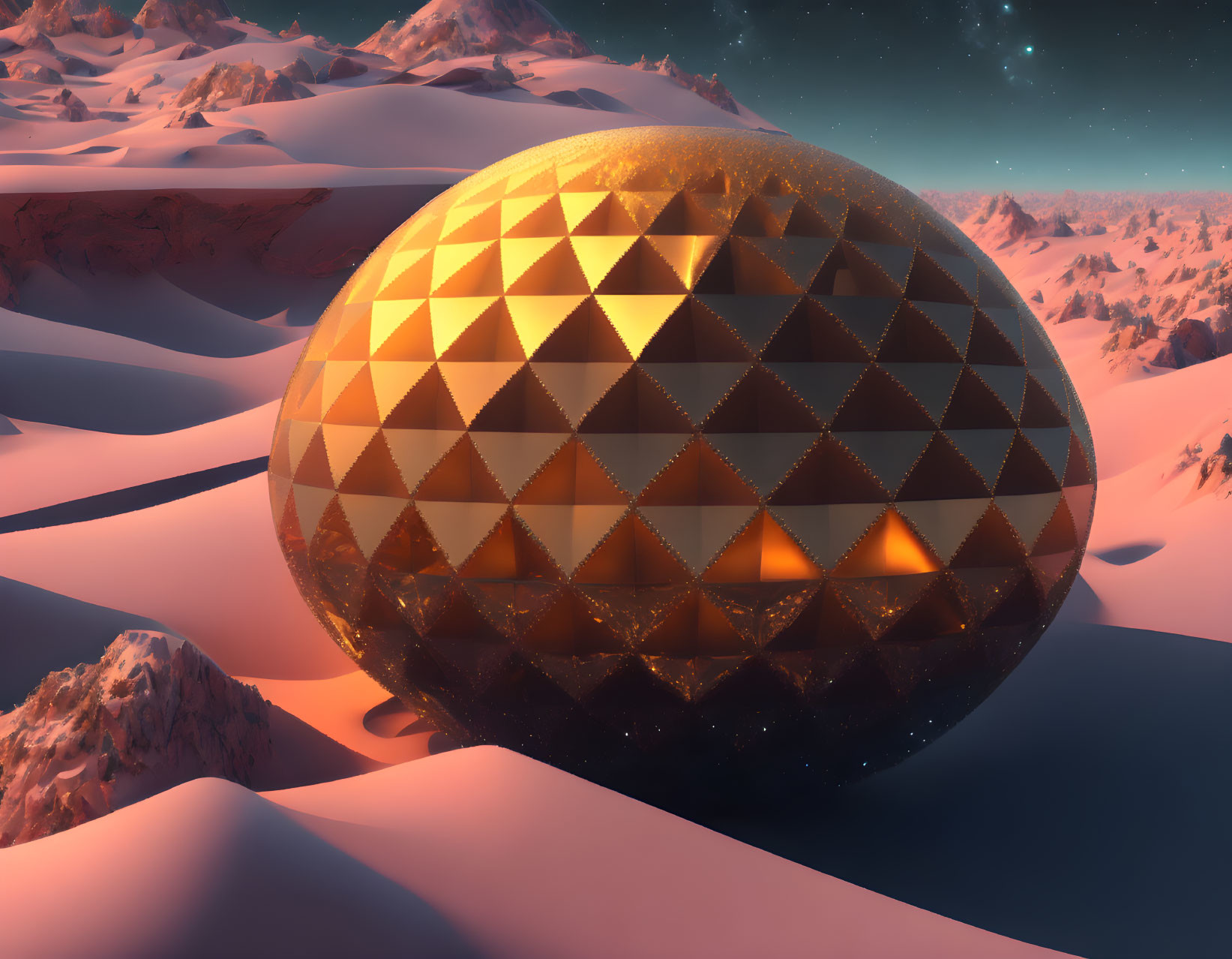 Golden Geometric Sphere on Snowy Landscape with Pink Mountains