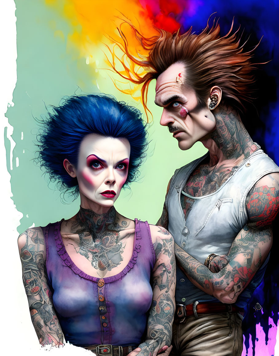 Vibrant punk-rock duo with tattoos and intense expressions