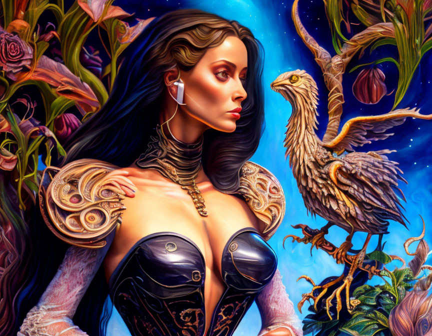 Fantasy artwork: Woman in black armor with eagle in floral starry scene