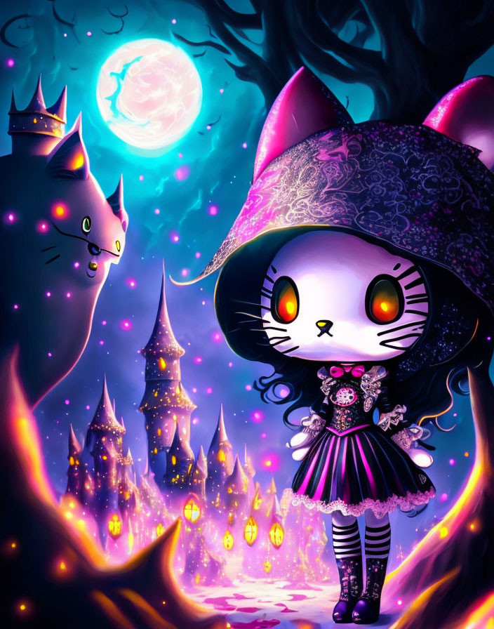 Stylized cat girl in Gothic dress with large cat and castle under moonlit sky