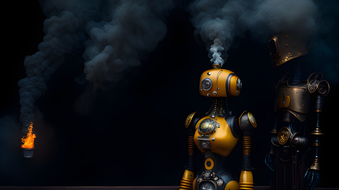 Robots with torch emitting smoke in dark background