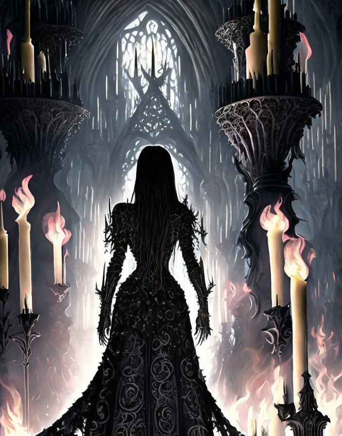 Woman in intricate black gown at luminous ornate gate in Gothic cathedral