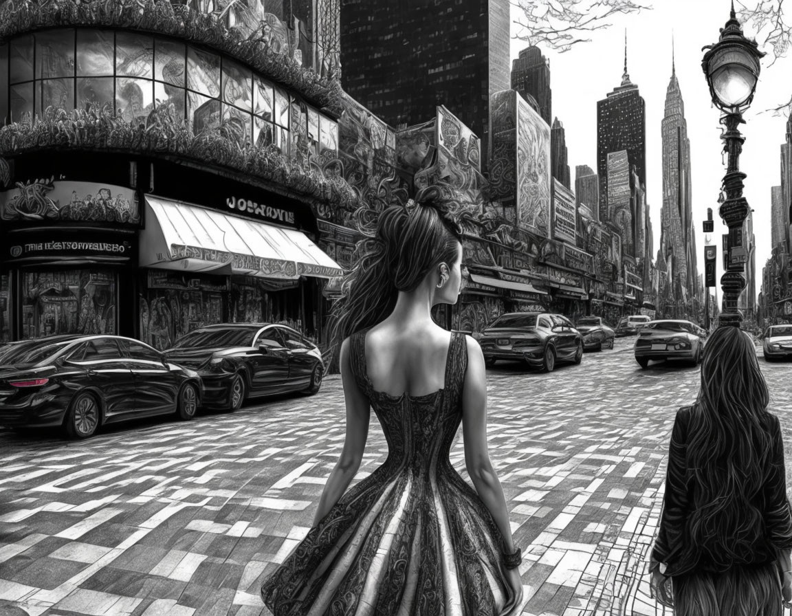 Monochrome artwork of woman in flared dress observing city street