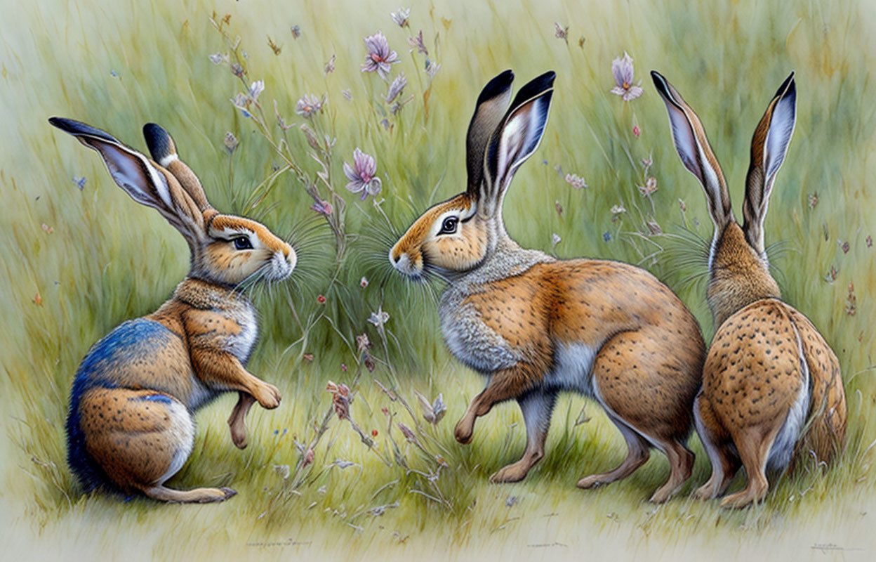 Two rabbits in a field: one standing, one facing away among tall grass and flowers