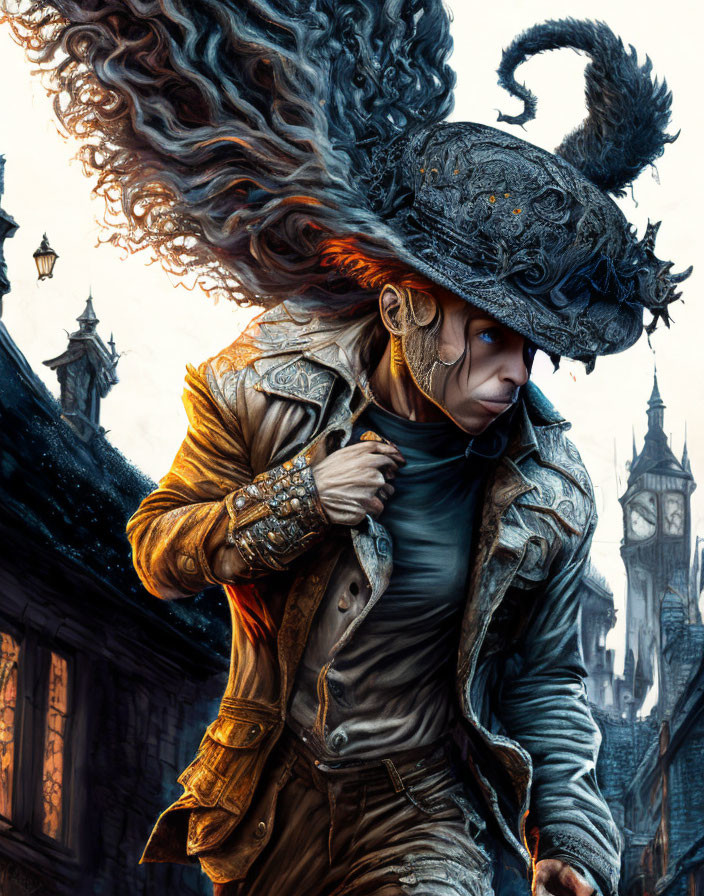 Fantasy character with large pirate hat and golden jacket in historical street setting