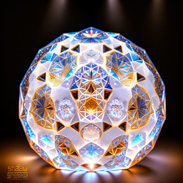 Geometric Glass Sculpture with Intricate Patterns and Warm/Cool Glow