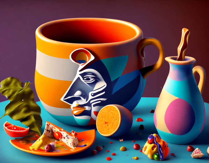 Vibrant still life illustration with cup, jug, plate, orange, and candies