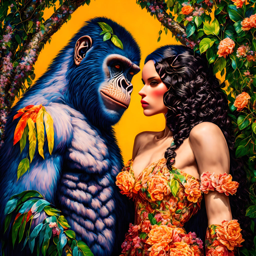 Woman and gorilla artwork with lush foliage on golden background