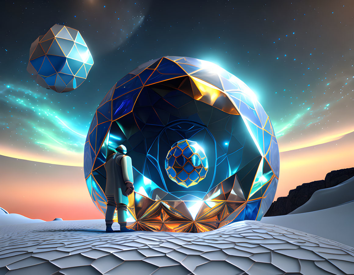 Person standing on hexagonal-tiled surface gazing at illuminated geometric spheres under twilight sky