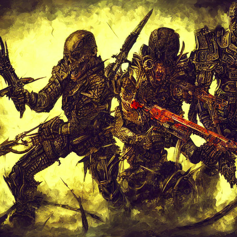 Menacing warriors in dark armor with weapons on battle-worn backdrop