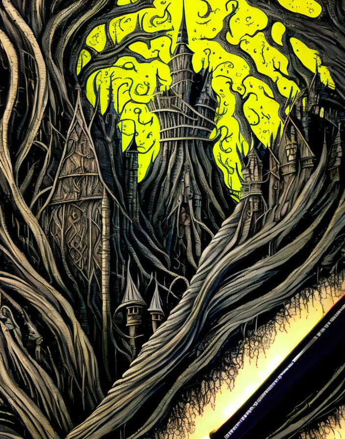 Stylized illustration of gothic castle in eerie landscape