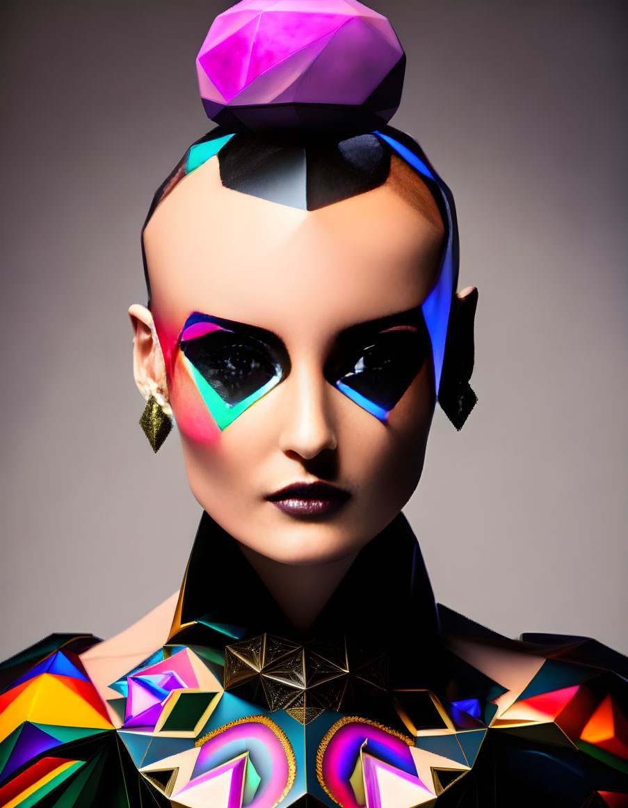 Colorful Geometric Makeup on Futuristic Model in Vibrant Portrait