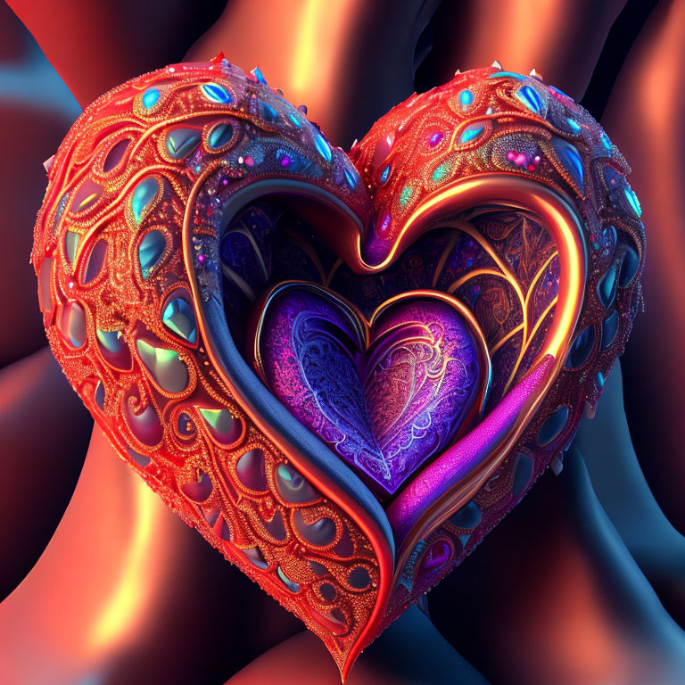 Colorful Heart Artwork with Neon Center on Red Background