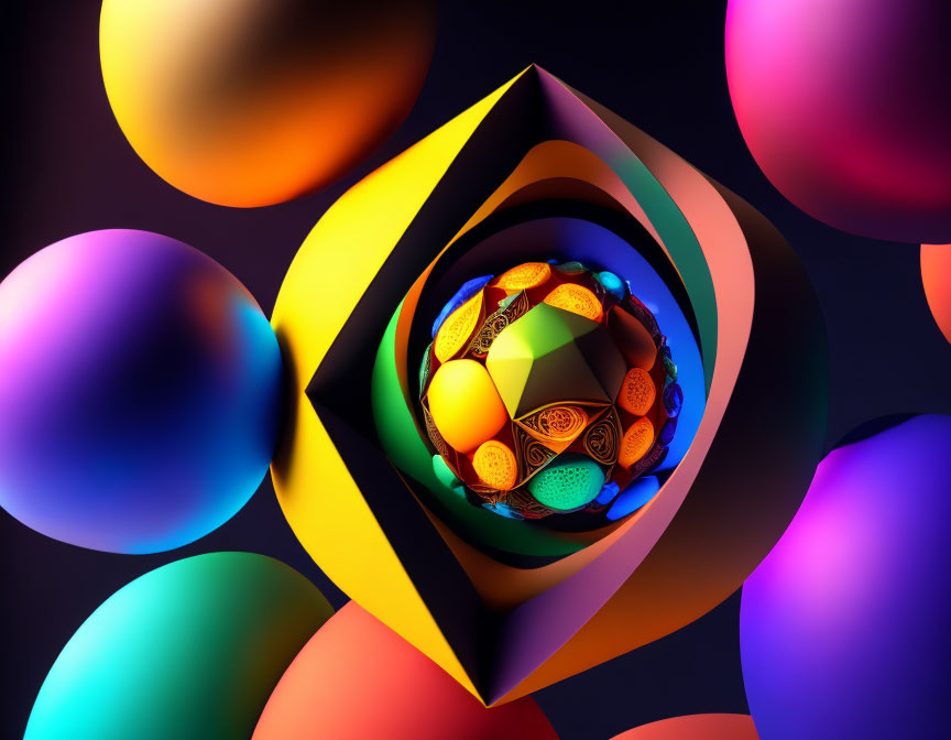 Vibrant 3D Abstract Art: Nested Shapes and Floating Spheres