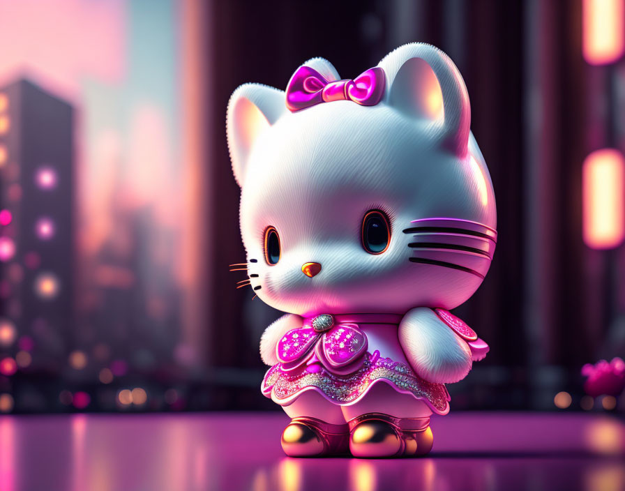 Pink Dress Hello Kitty 3D Illustration in Urban Twilight