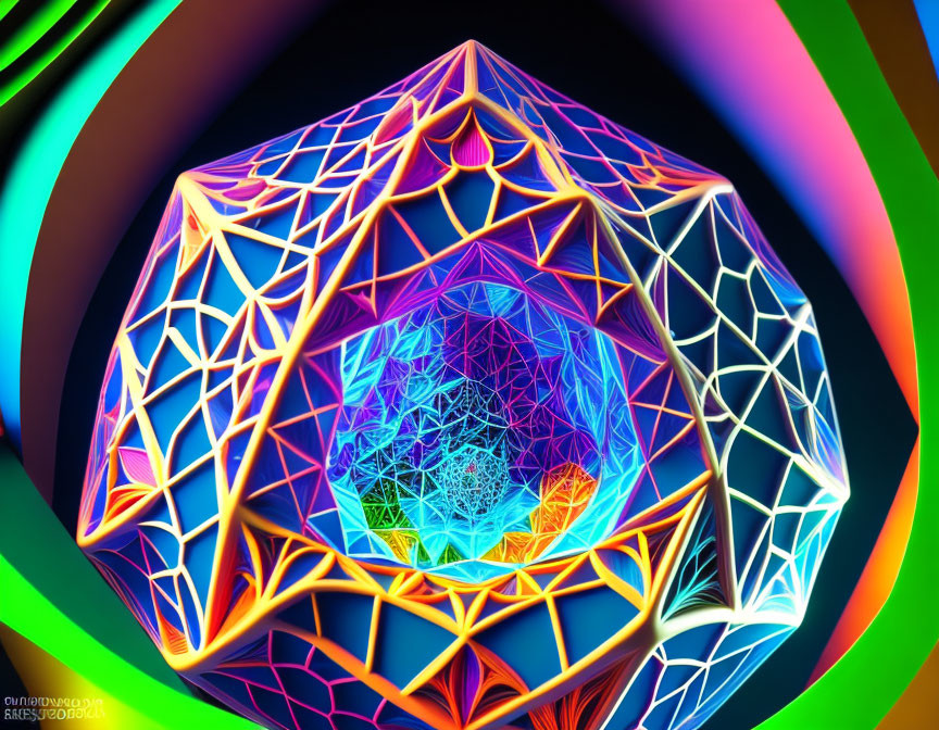 Colorful glowing geometric structure on dark background with neon accents