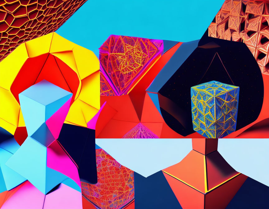 Colorful Abstract Geometric Shapes in Blues, Reds, and Yellows