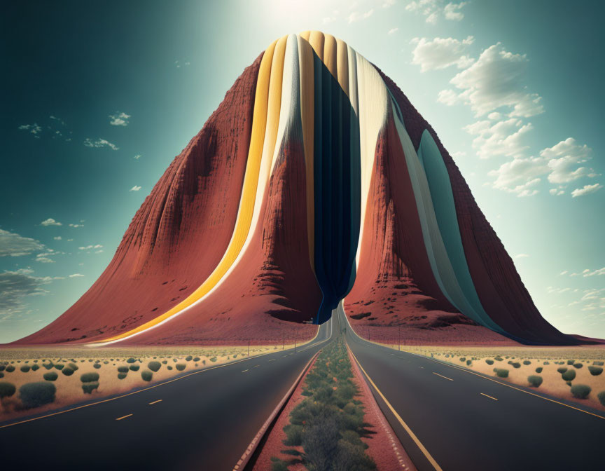 Surreal split mountain with road in desert landscape