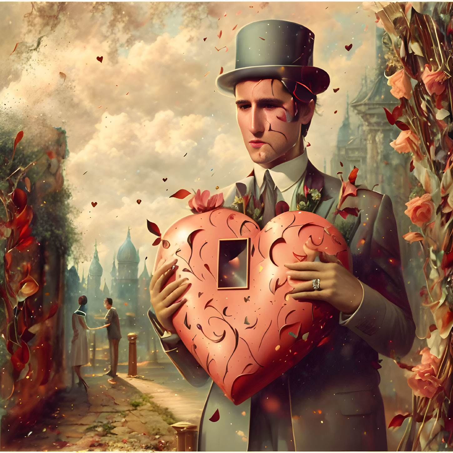 Stylized illustration of man with top hat holding ornamental heart in vintage cityscape