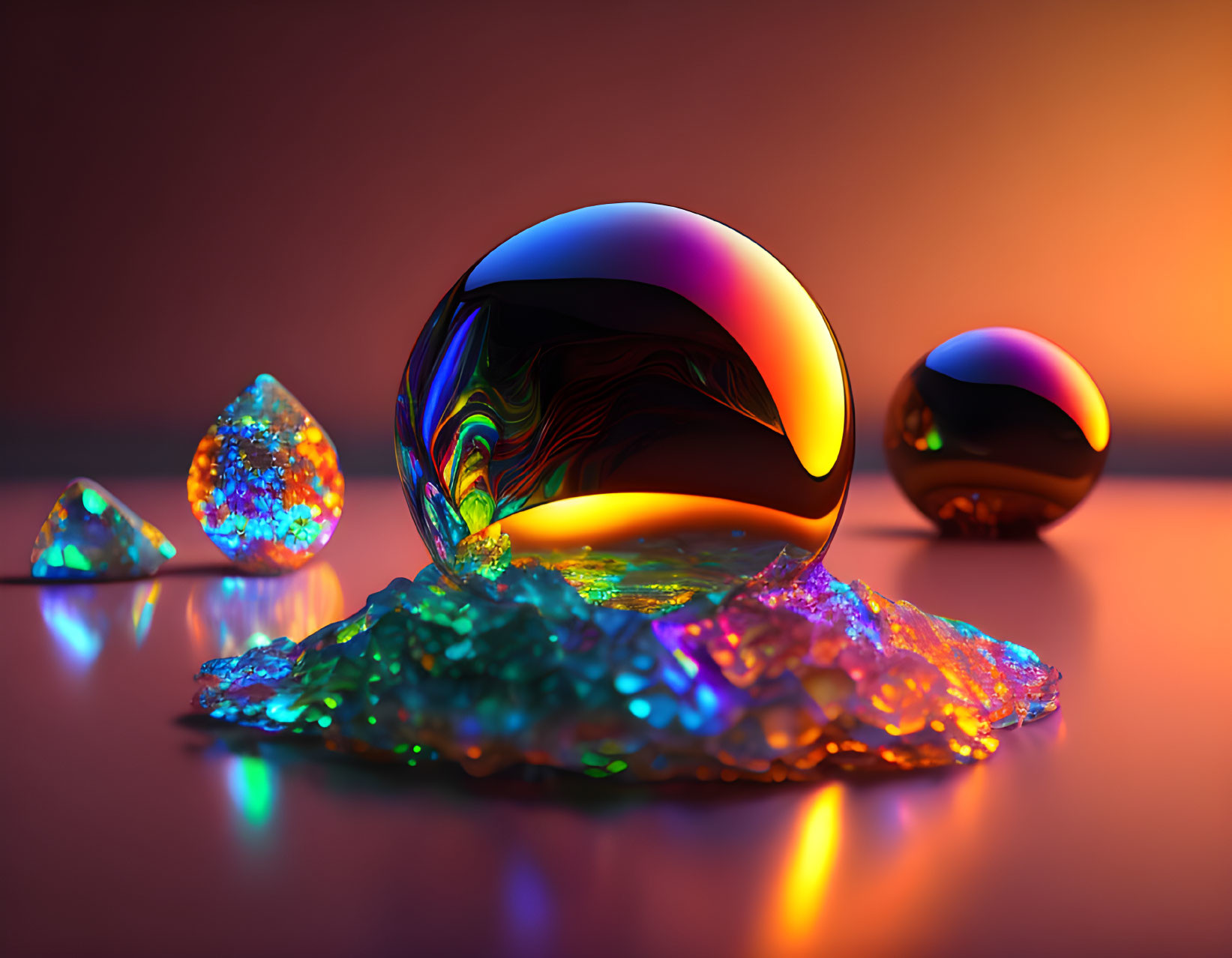 Shimmering iridescent gemstones and glass spheres on reflective surface