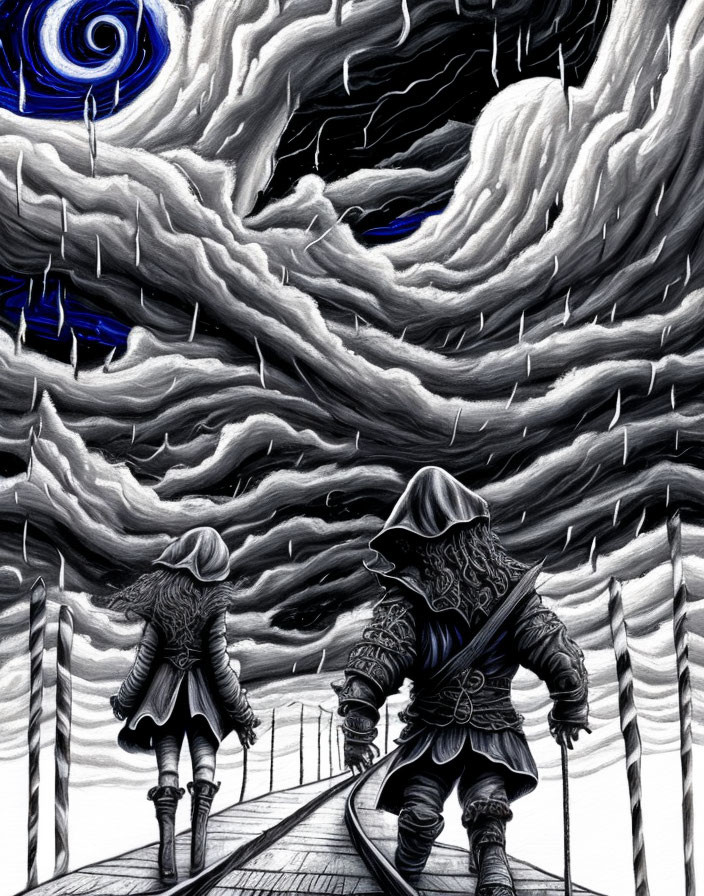 Monochrome artwork of two figures on bridge under stormy sky