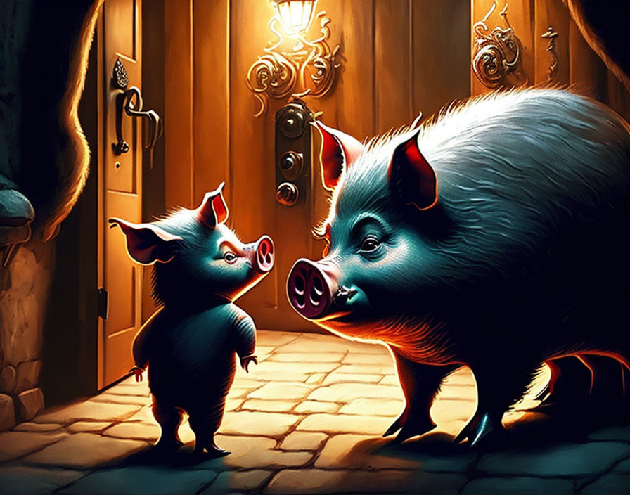 Cartoon pigs by ornate wooden door with warm lights