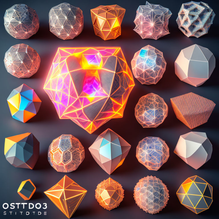 Colorful Glowing Geometric Shapes on Dark Background