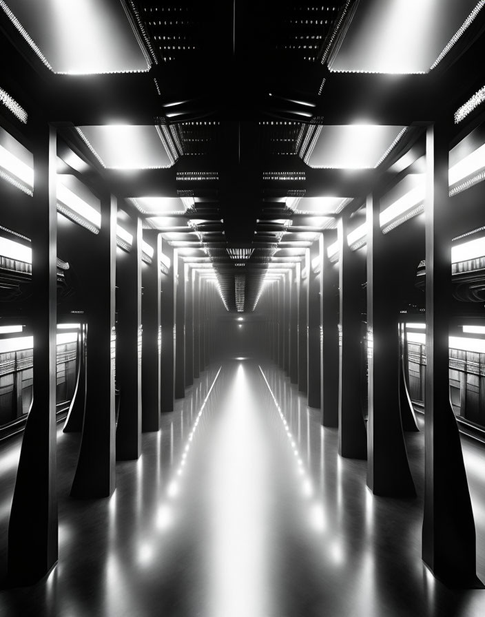 Futuristic corridor with symmetrical design and sleek black walls