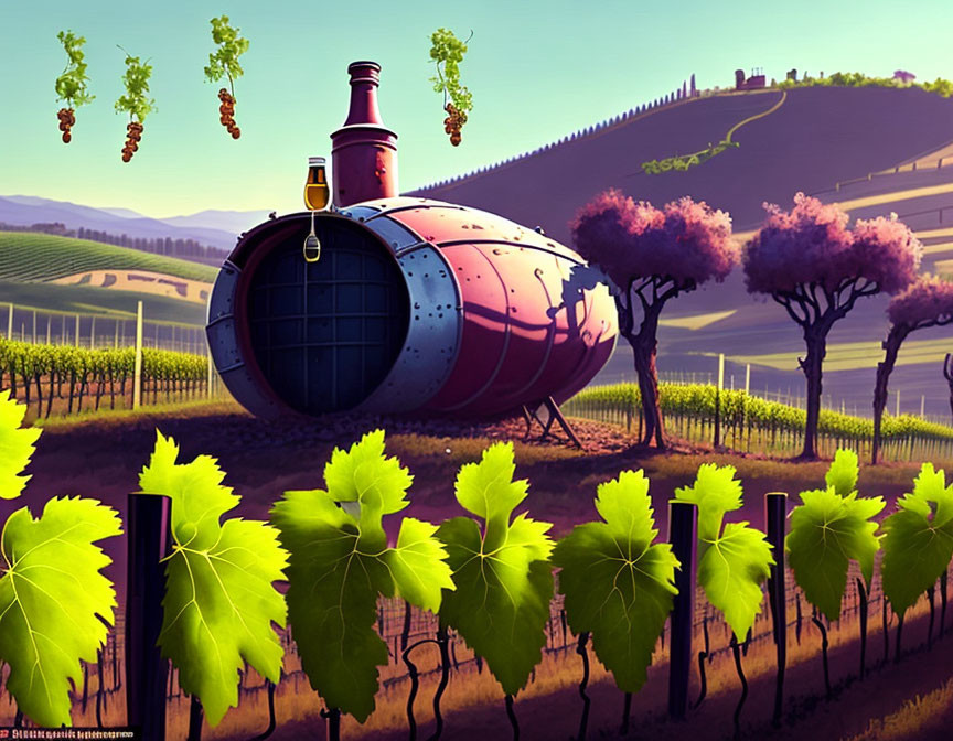 Vibrant vineyard scene with wine bottle-shaped building in whimsical illustration