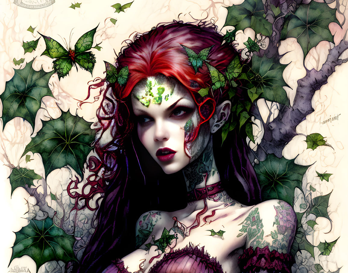 Fantasy female character with red hair, ivy leaves, and tattoos in lush green setting