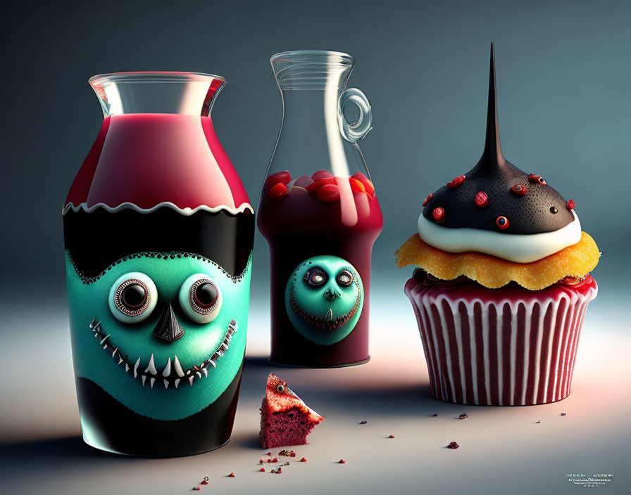 Whimsical jars and cupcake with faces on dark artistic background