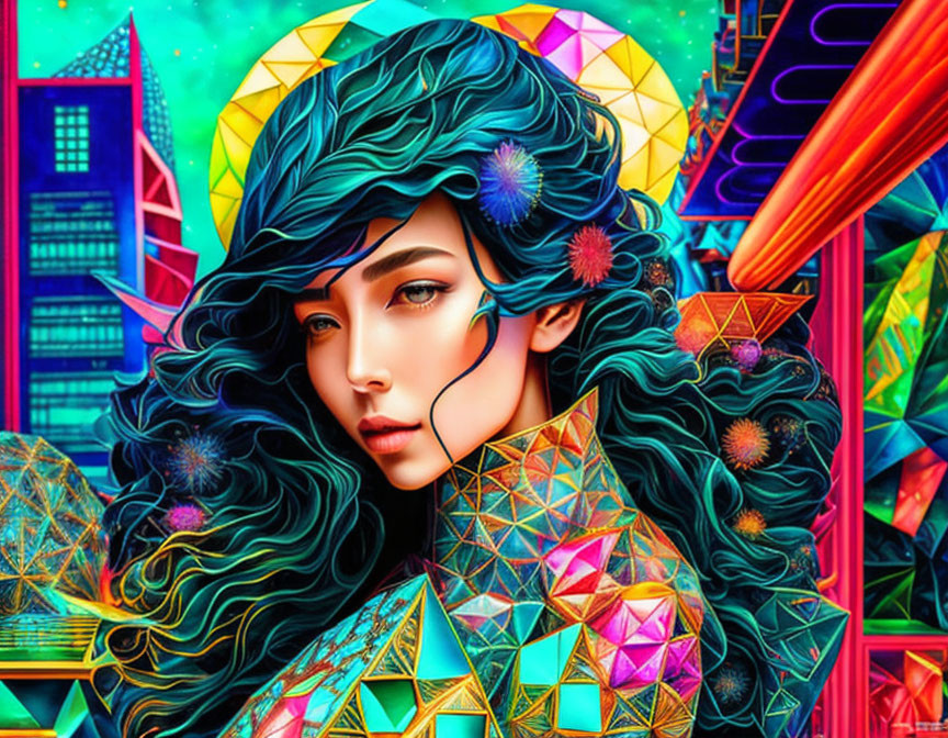 Colorful digital artwork: Woman with flowing hair in surreal geometric setting