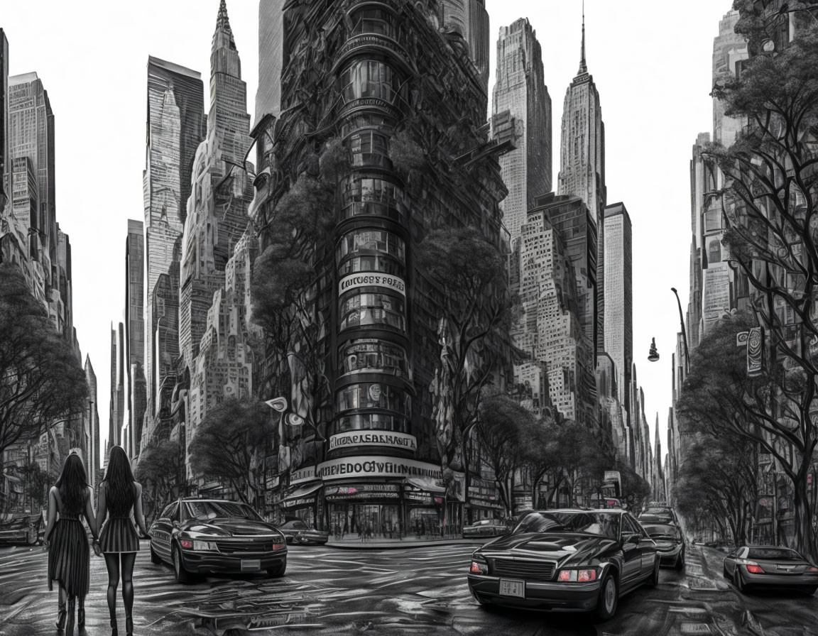 Grayscale city street scene with skyscrapers, cars, pedestrians, and curved building.