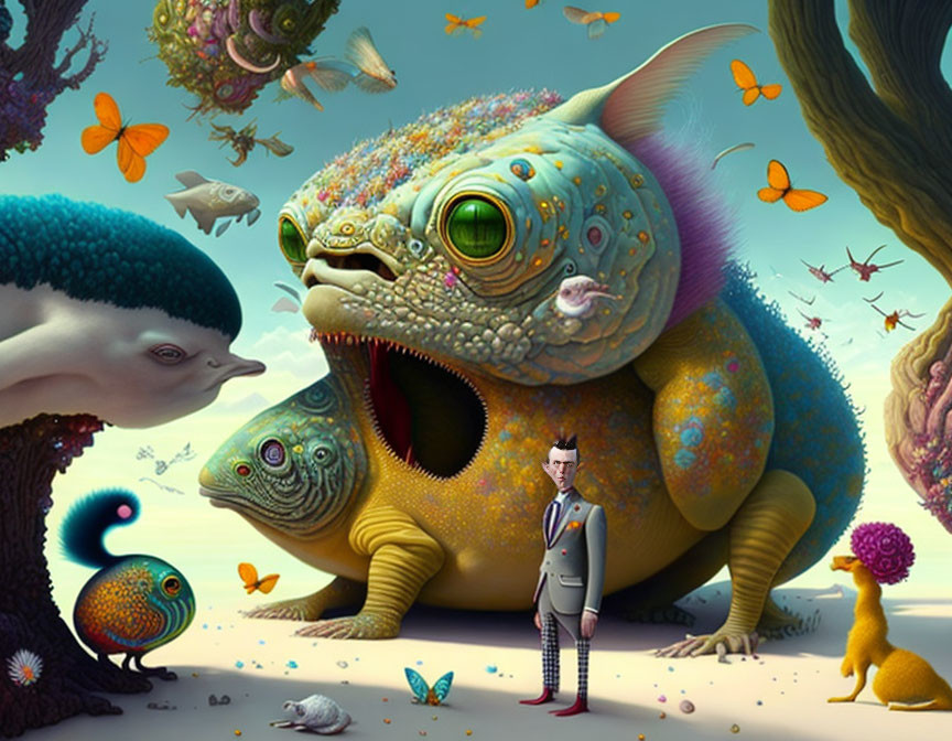 Surreal artwork: man in suit with fish-reptile creatures in dreamlike scene