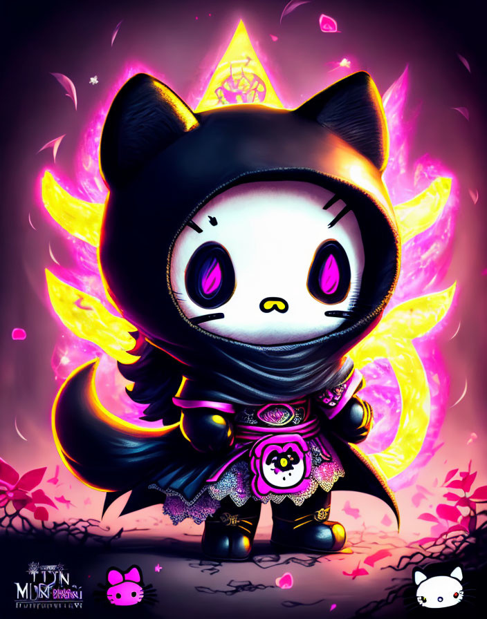 Illustrated character with cat-like features in black costume with glowing pink accents