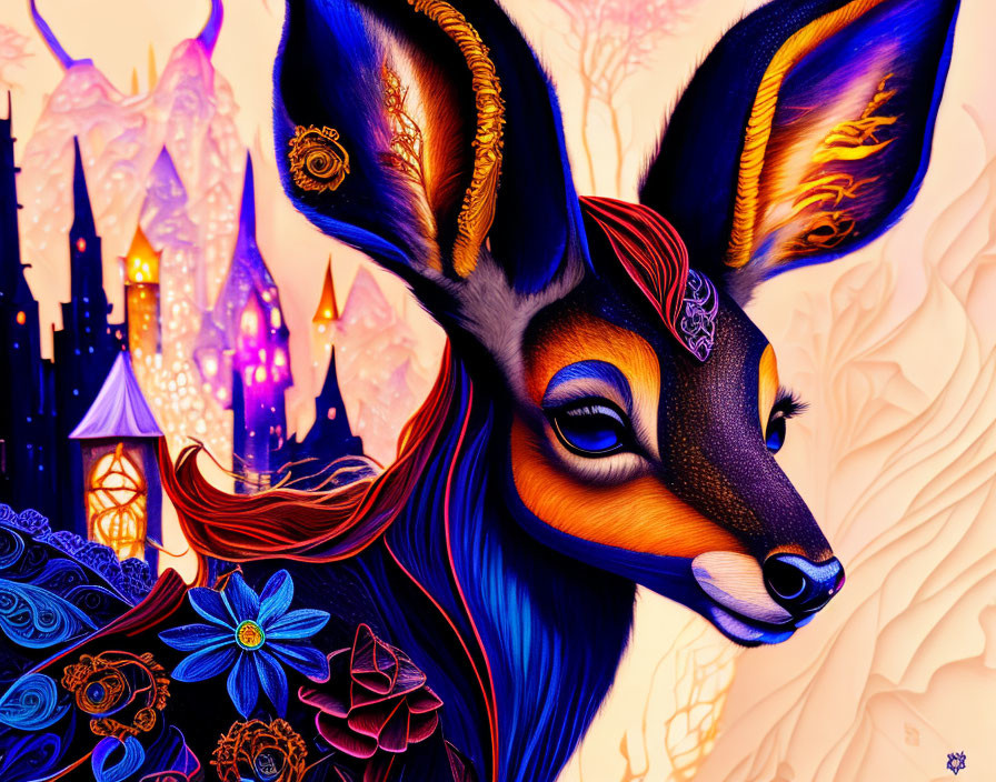 Stylized deer with floral patterns on pastel abstract background