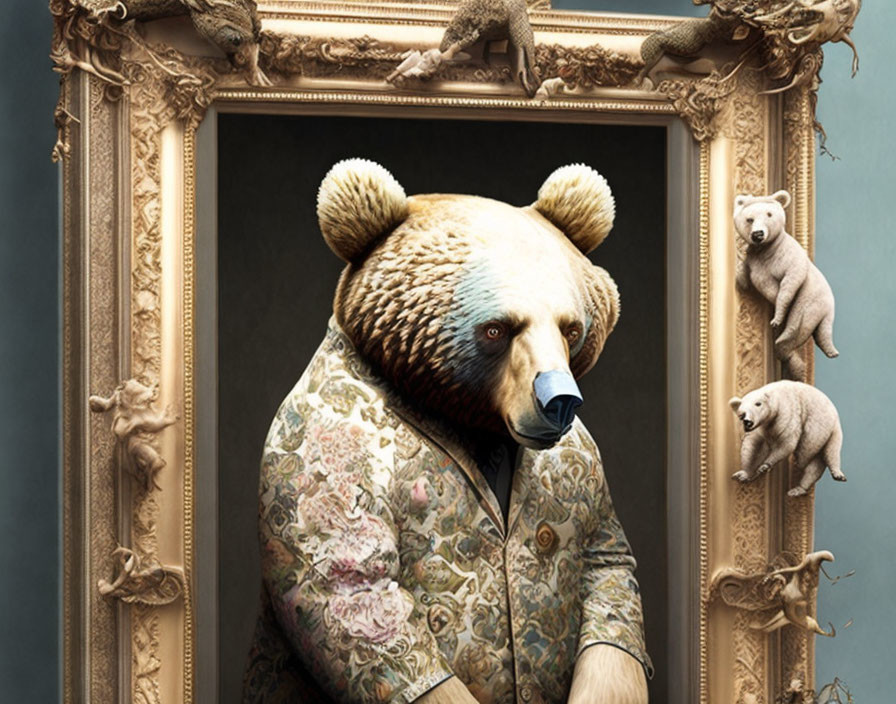 Surrealist painting featuring bear with human body in ornate clothing