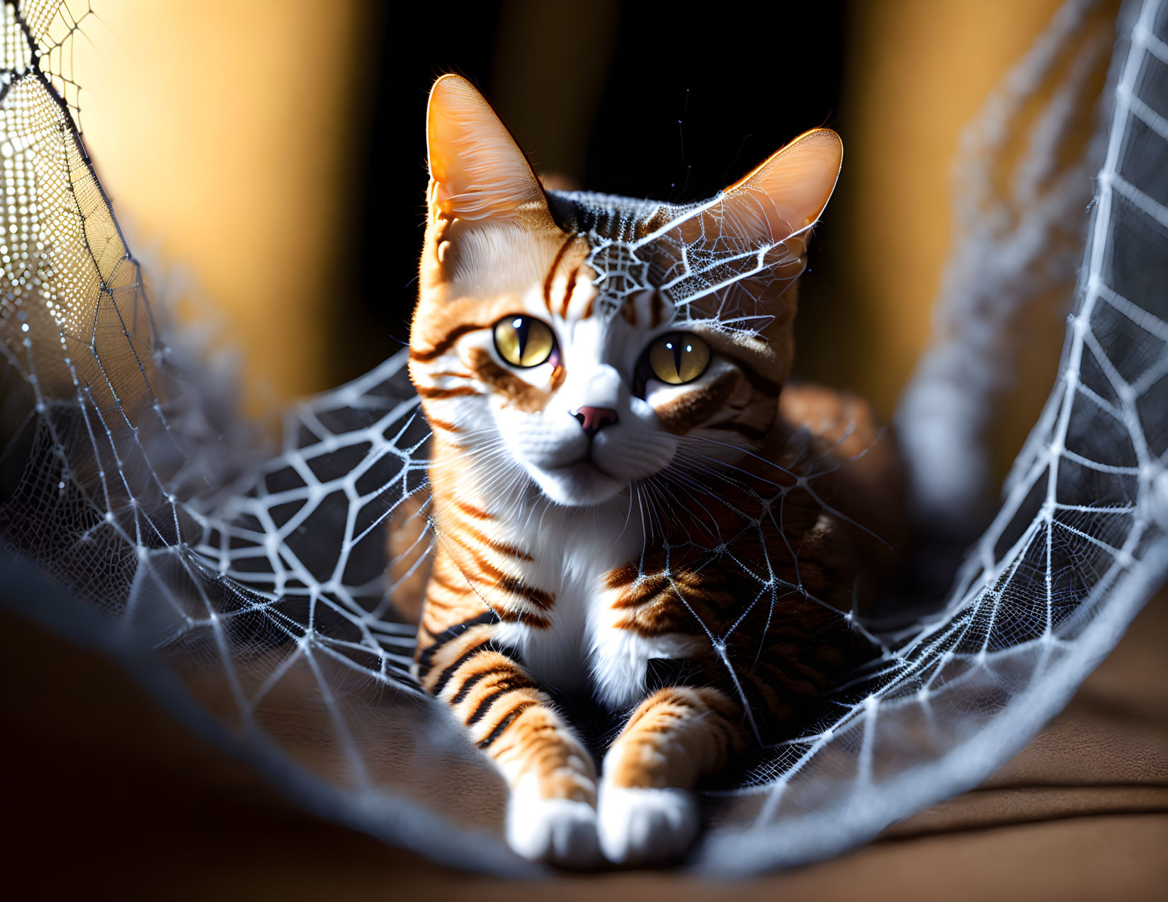 Orange Tabby Cat with Yellow Eyes in White Spider Web and Warm Lighting