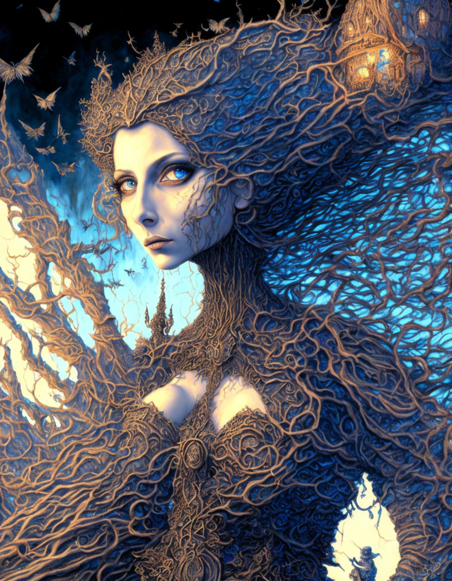 Fantasy illustration: Woman with tree-like features in night sky