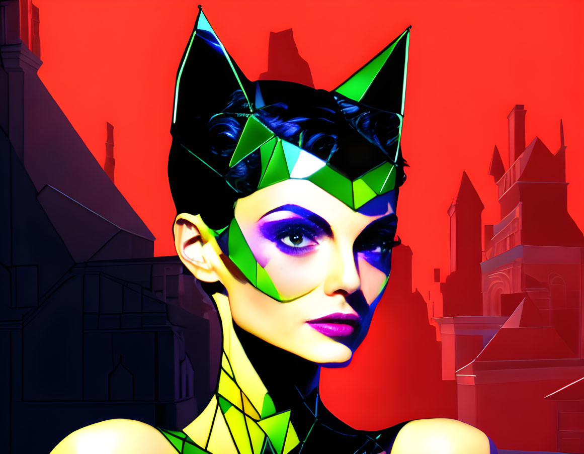 Woman with Striking Makeup in Futuristic Catwoman-like Mask on Red Background