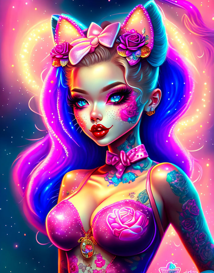 Colorful digital artwork of a woman with rainbow hair and tattoos.