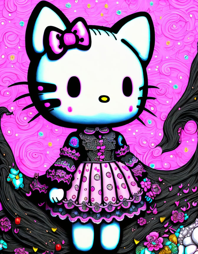 Gothic-style Hello Kitty character in skull dress on pink swirl background