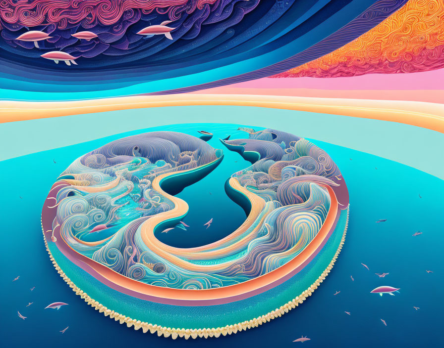 Colorful digital artwork: Swirling wave pattern on circular island in vibrant ocean under dynamic sky