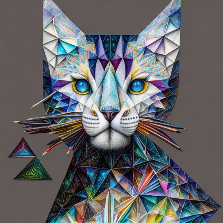 Colorful geometric cat art with blue eyes on gray background