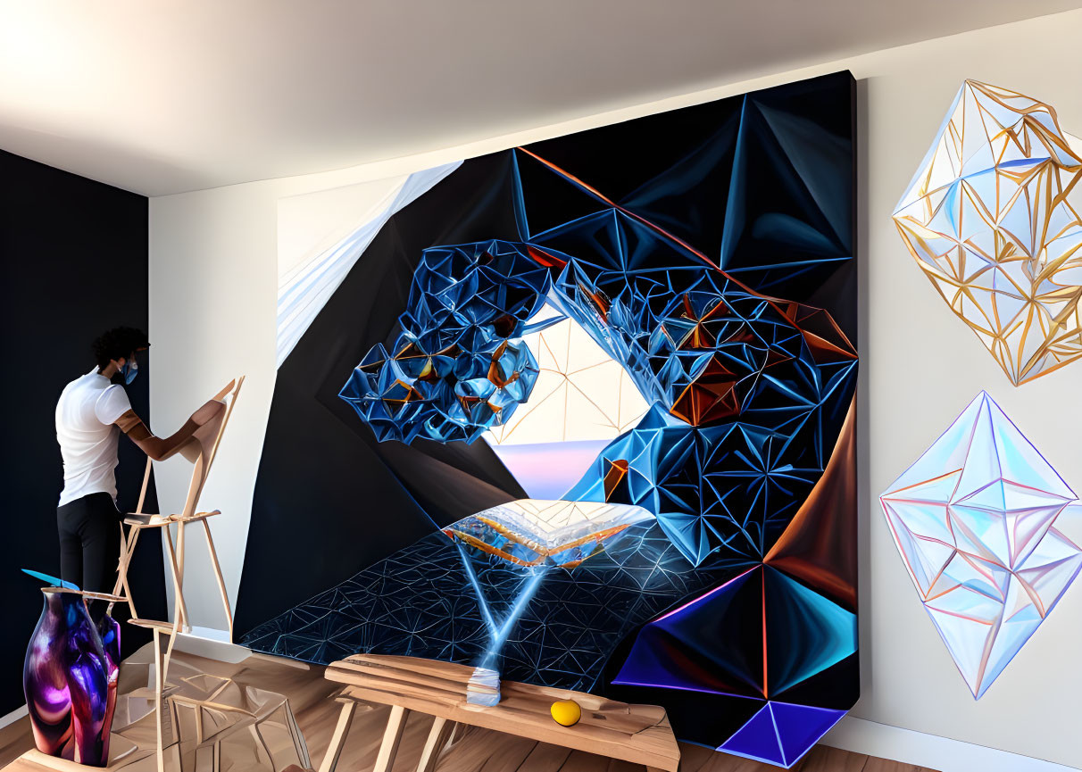 Person painting vibrant blue geometric mural in modern room