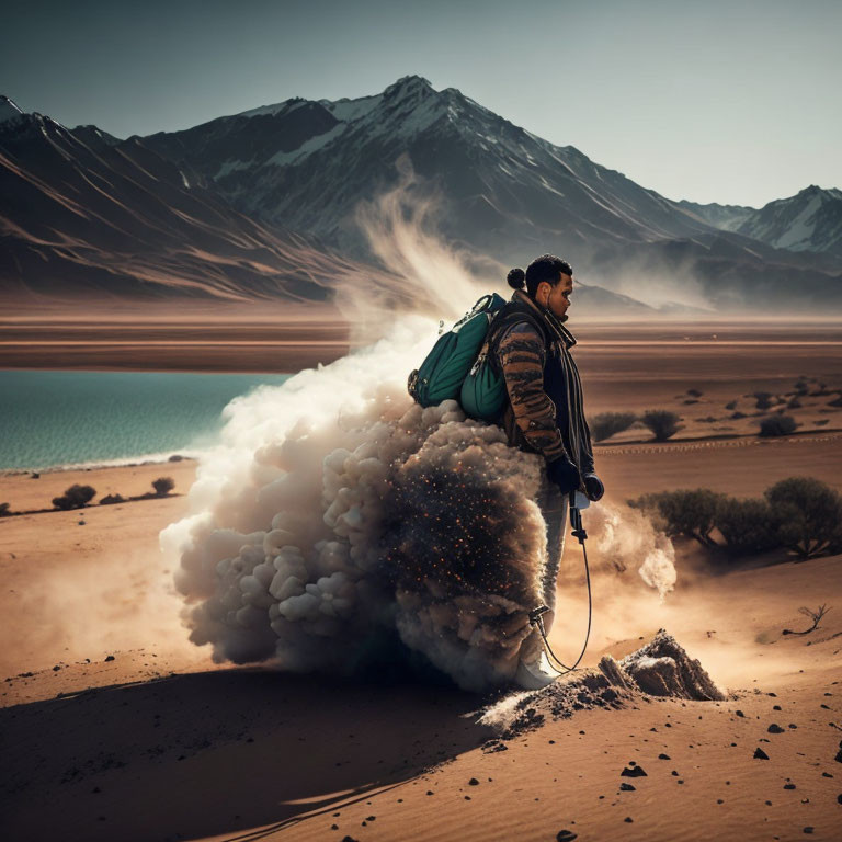 Man with backpack gazes at surreal starry cloud on sandy terrain